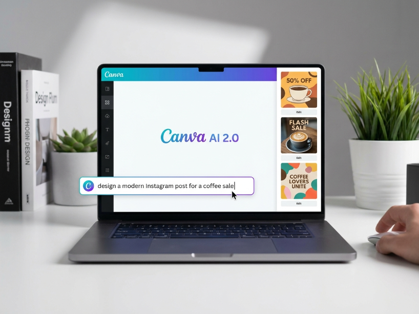 Canva AI 2.0 conversational design turning a text prompt into an editable layered design in 2026