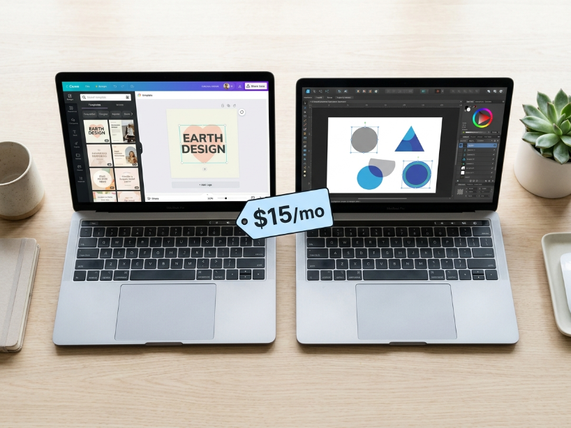 Canva Pro and the free Affinity suite shown side by side in 2026 as an Adobe Creative Cloud alternative