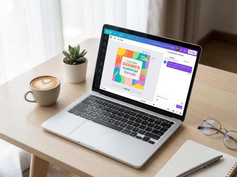 Canva review 2026 showing the Canva AI 2.0 editor on a laptop turning a text prompt into an editable social media design on a bright desk