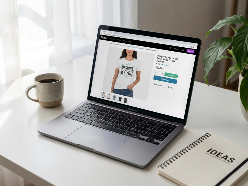 Placeit review showing the Placeit mockup tool on a laptop with a t-shirt design mockup open on a bright clean desk
