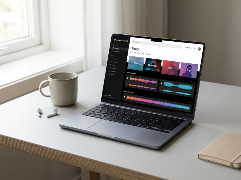 Epidemic Sound review showing the royalty-free music library interface on a laptop with track waveforms and categories on a clean bright desk