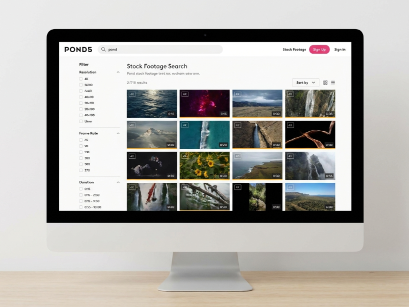 Pond5 stock footage search results showing 4K video thumbnails with resolution labels and category filter panel