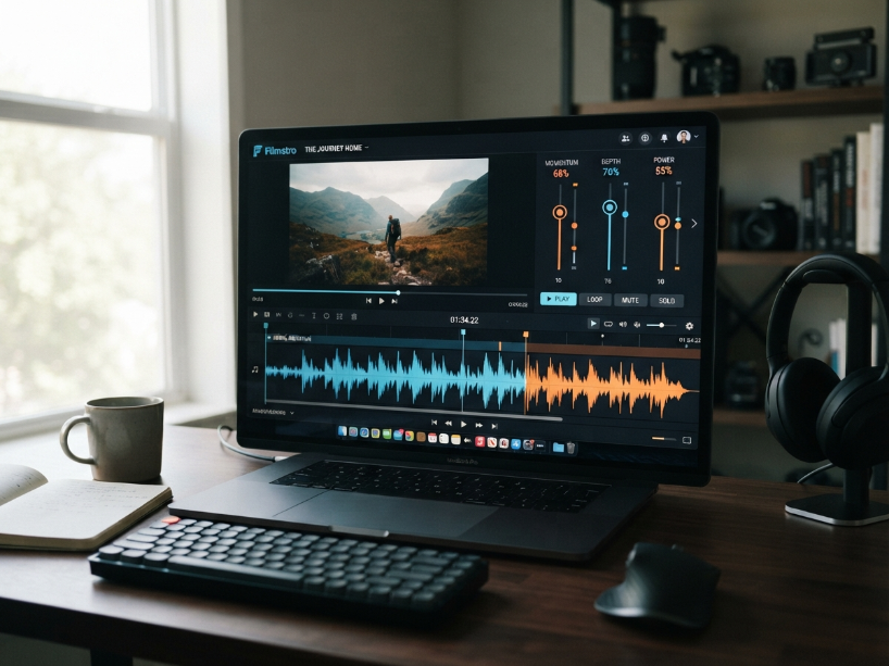 Filmstro adaptive music scoring web app showing Momentum, Depth and Power sliders with a waveform in the browser interface
