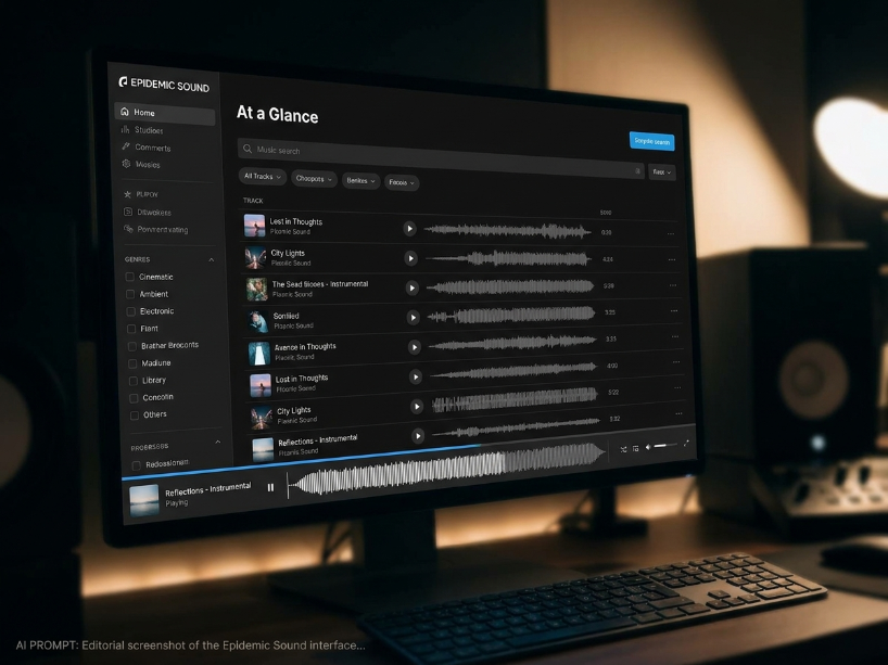 Epidemic Sound music library interface showing royalty-free tracks with waveforms, genre filters and stem controls