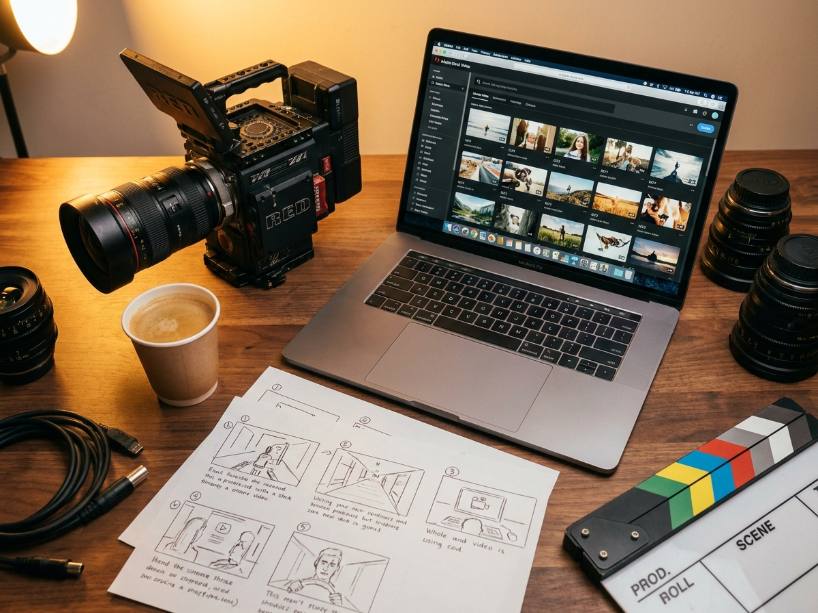 Professional video production workflow using Pond5 stock footage with a camera, laptop and storyboard on a production desk