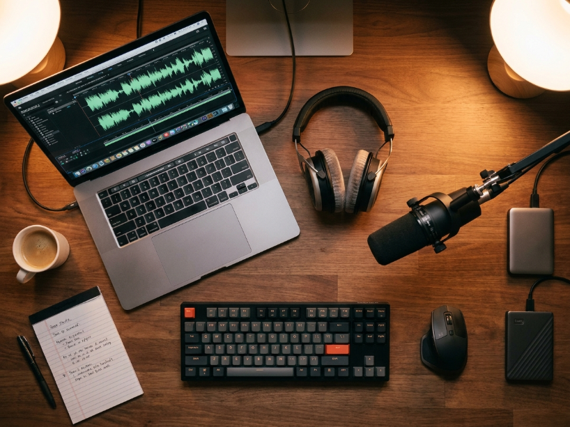 Video and podcast workflow using Epidemic Sound royalty-free music with headphones, microphone and laptop on a studio desk