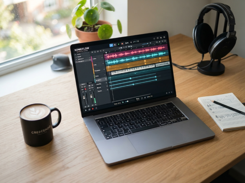 Filmstro review showing the adaptive music scoring web app with momentum, depth and power sliders on a laptop on a clean bright desk