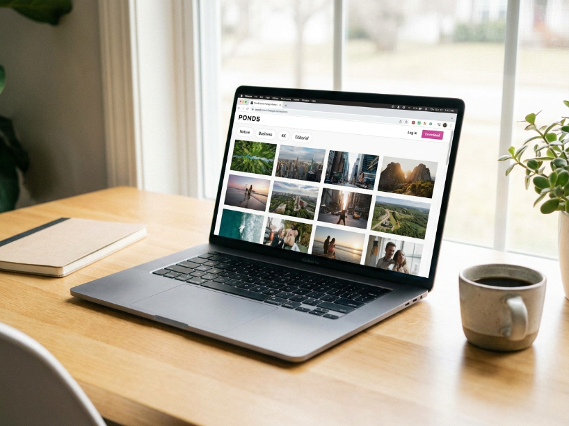 Pond5 review showing the stock footage marketplace with 4K video thumbnails and search filters on a laptop on a bright clean desk