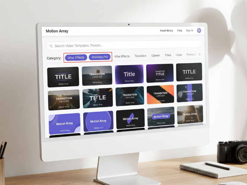 Motion Array library interface showing video template thumbnails with After Effects and Premiere Pro category filters