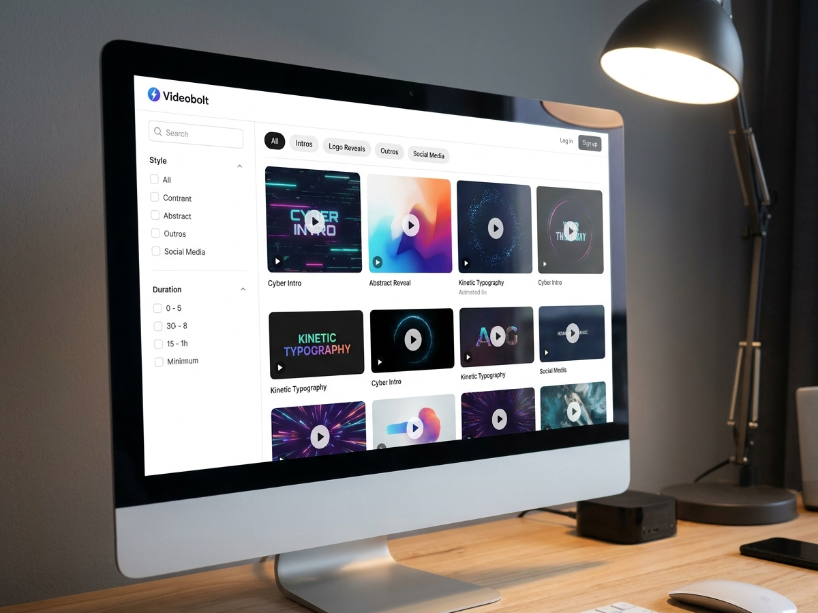 Videobolt template library showing animated intro and outro templates with category filters and search options