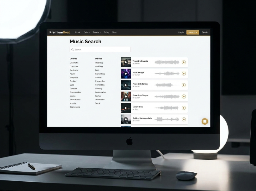PremiumBeat music search showing genre and mood filters with track waveforms on the curated royalty-free music library