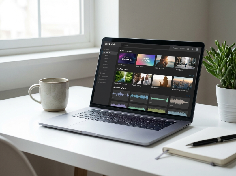 Motion Array review showing the stock media library with video templates, footage and audio waveforms on a laptop on a clean desk