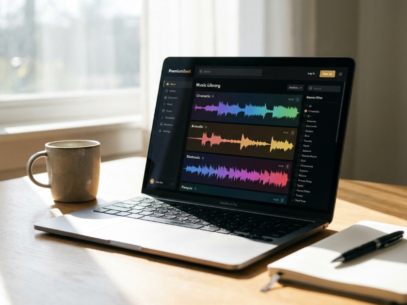 PremiumBeat review showing the royalty-free music library with waveforms and genre filters on a laptop on a clean bright desk
