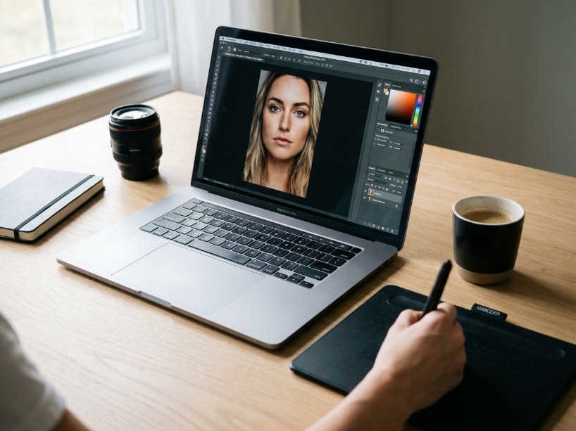 PicMonkey review showing the photo editing and design tool interface with portrait touchup features on a laptop on a clean bright desk