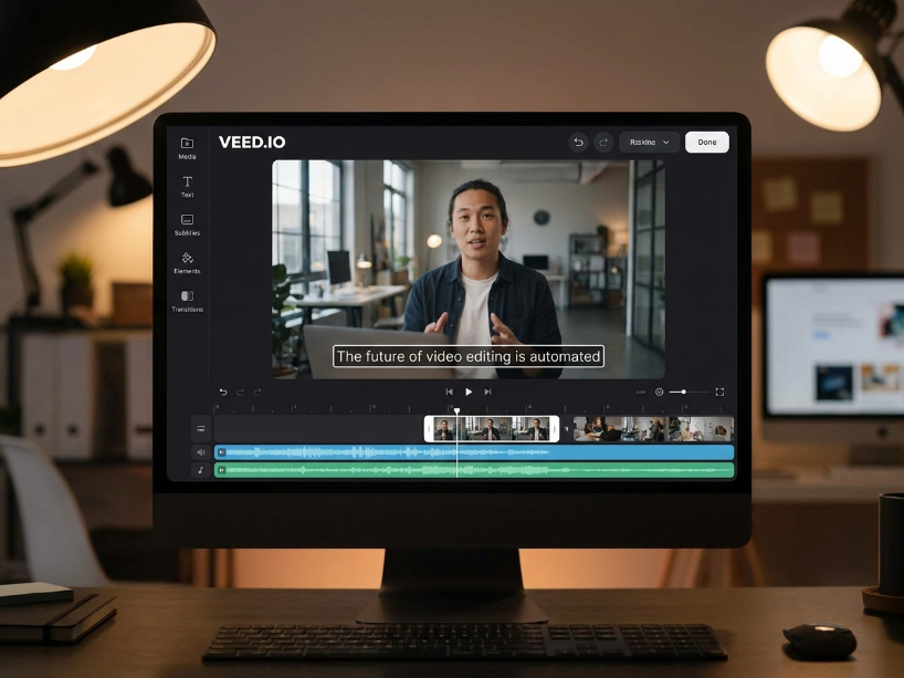 VEED.io editor showing a video timeline with auto-generated subtitles and editing tools in the browser-based interface