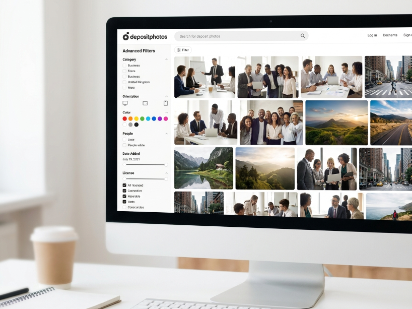 Depositphotos stock photo search showing diverse photo thumbnails with advanced filter options in the clean white interface