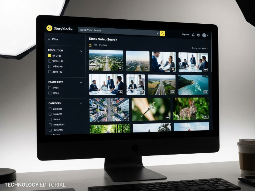 Storyblocks stock video search showing 4K and HD footage thumbnails
with resolution and category filter options in the clean interface