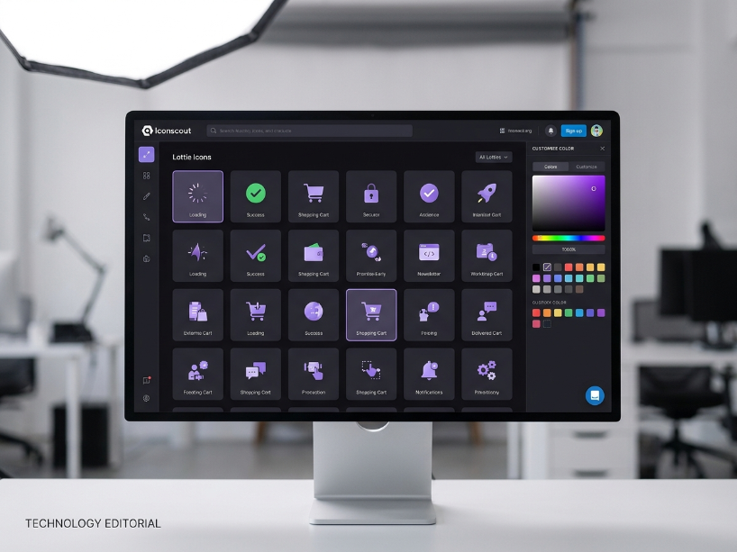 Iconscout Lottie animation library showing animation thumbnails with the color customization editor open in the clean interface
