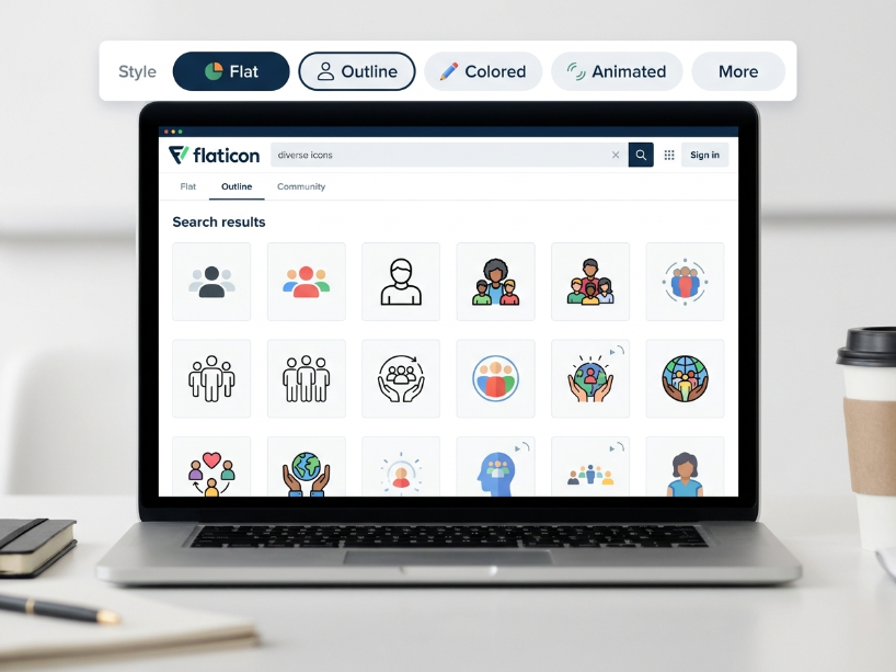 Flaticon icon search showing flat, outline and colored icon styles with style filter options in the clean white search interface