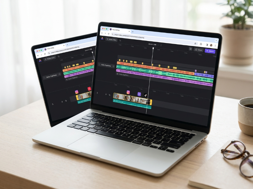VEED io review showing the browser-based video editor with auto subtitles and a social media video timeline on a laptop on a bright desk