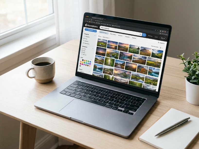 Depositphotos review showing the stock photo search interface with 330 million royalty-free image thumbnails and filters on a laptop