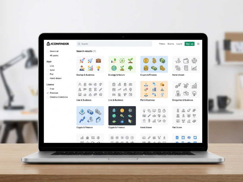 Iconfinder icon search showing diverse icon pack thumbnails with style and license filters in the clean white interface