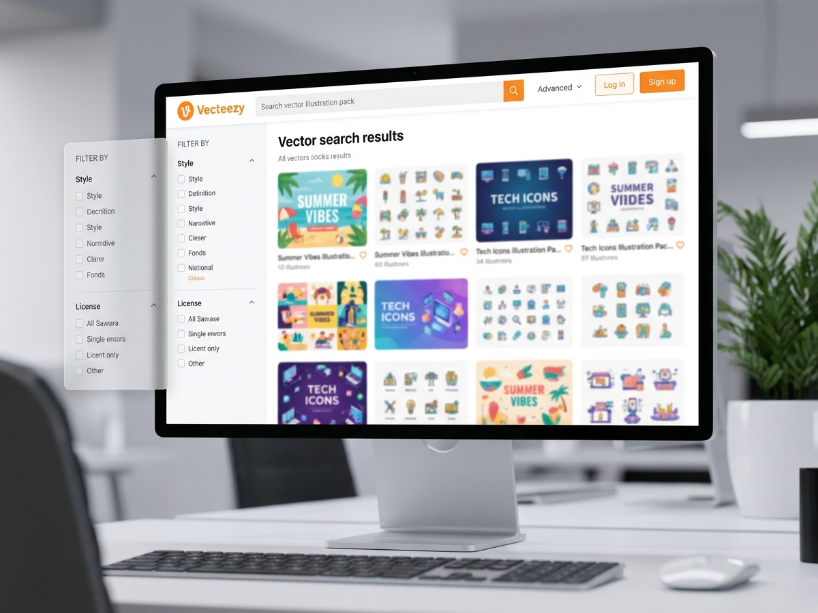 Vecteezy vector search showing colorful illustration thumbnails with style and license filter options in the clean white interface