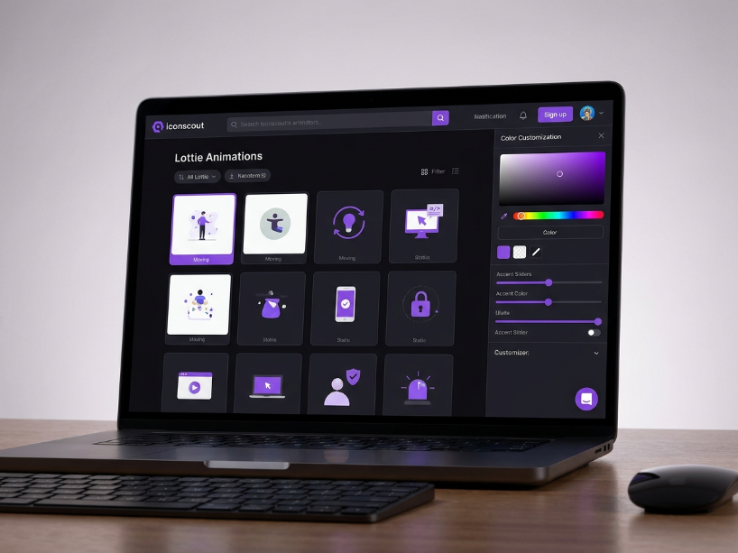 Iconscout Lottie animation library showing animation thumbnails with the color customization editor open in the clean interface