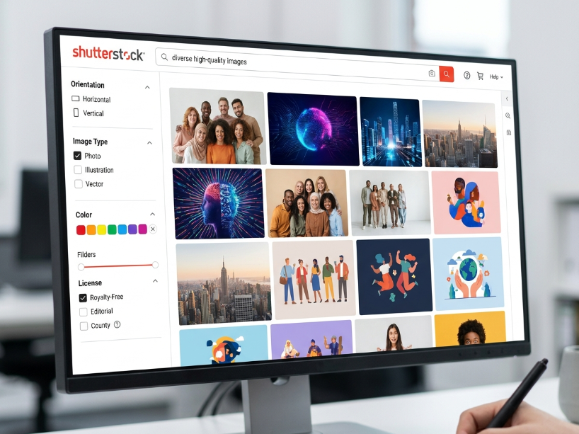 Shutterstock stock photo search showing diverse image and illustration thumbnails with advanced filter panels for image type, orientation and color in the clean white interface