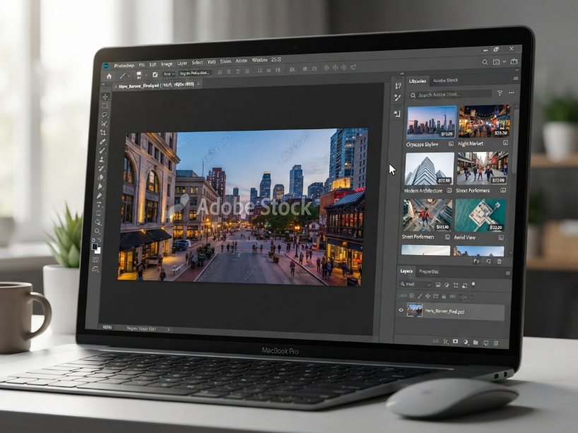 Adobe Stock library panel open inside Adobe Photoshop showing stock photo thumbnails with a watermarked preview placed on canvas