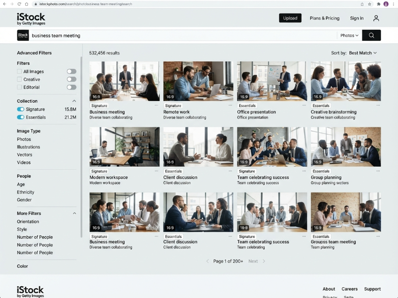 iStock search showing Essentials and Signature collection photo thumbnails with collection toggle and filter panel in the white search interface