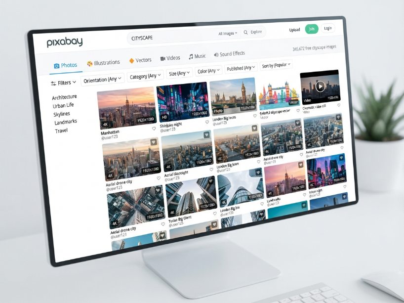 Pixabay search interface showing free photo thumbnails with category tabs for photos, videos, music and sound effects and advanced filter options