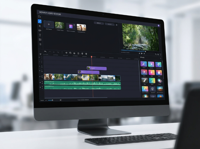 Movavi Video Editor showing the drag-and-drop timeline with video and audio tracks, effects panel and video preview window in the clean modern interface