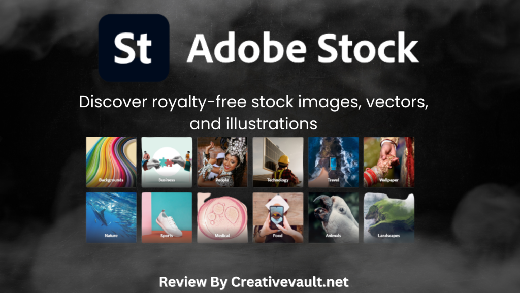 Adobe Stock review showing the stock photo search interface with Creative Cloud integration and image thumbnails on a laptop on a clean bright desk