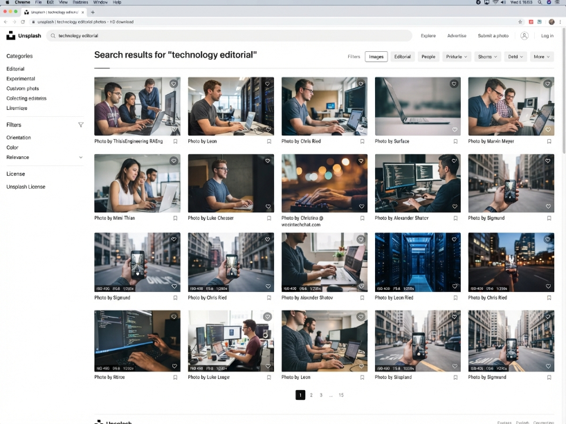 Unsplash search results showing diverse curated lifestyle and editorial photo thumbnails with photographer attribution in the clean minimal interface