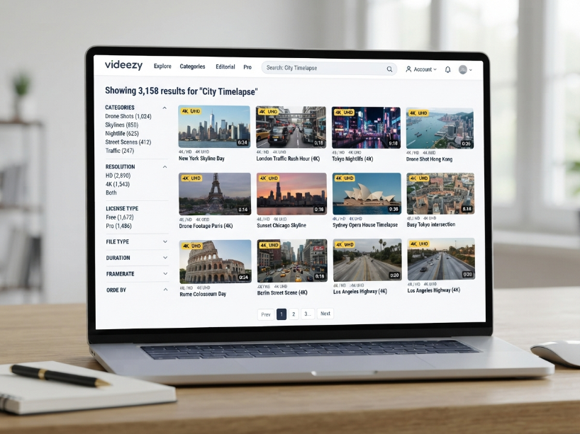 Videezy stock footage search showing diverse HD and 4K video clip thumbnails with filter options for resolution and license type in the clean white interface