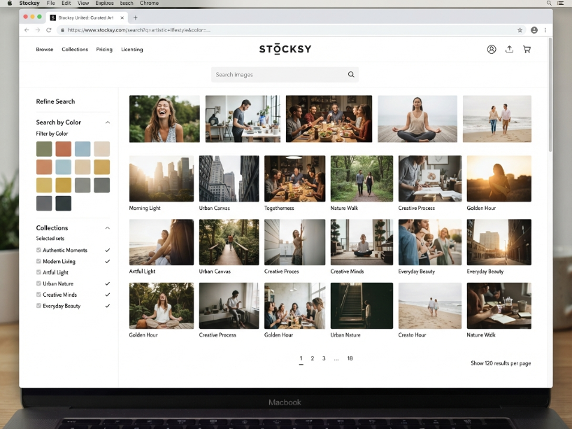 Stocksy image search showing natural, artistic lifestyle photography thumbnails with Search by Color and filter tools in the clean white interface