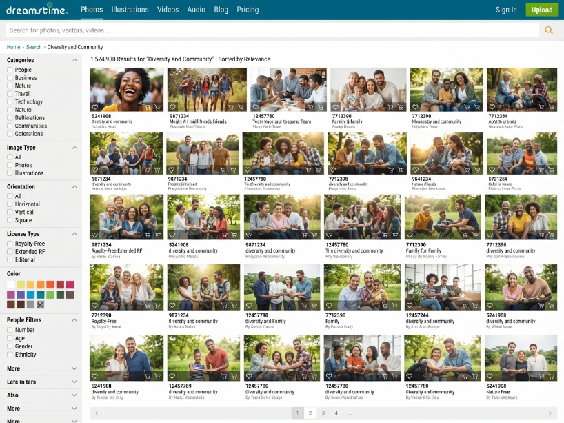 Dreamstime stock photo search showing diverse image thumbnails with category, orientation and license filter options in the search interface