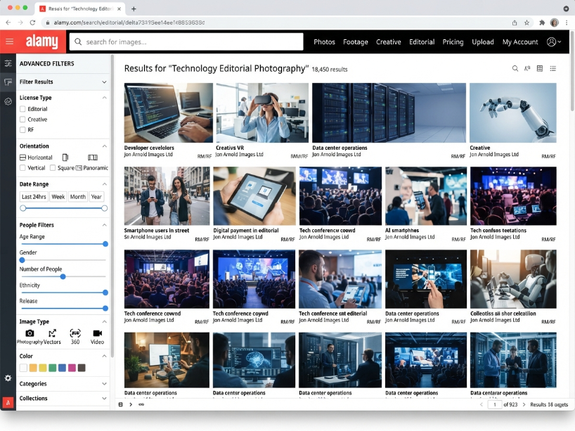 Alamy image search showing diverse editorial and commercial photo thumbnails with the advanced filter panel for license type, orientation and people options