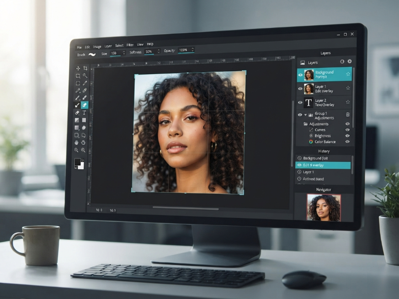 Pixlr E advanced photo editor showing layers panel, tool sidebar and a portrait photo open in the central editing canvas