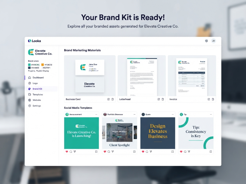 Looka Brand Kit interface showing 300+ auto-generated branded marketing materials including business cards, social media templates and letterhead in the dashboard