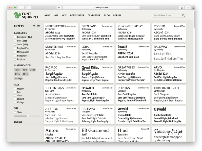 Font Squirrel curated font library showing a grid of commercial- use font previews with category filter sidebar for Sans Serif, Serif, Script and Display fonts
