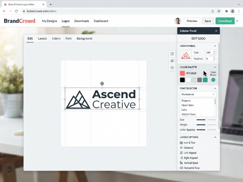 BrandCrowd logo editor showing a template being customized with color palette, font selector and layout options in the right sidebar of the clean editor interface