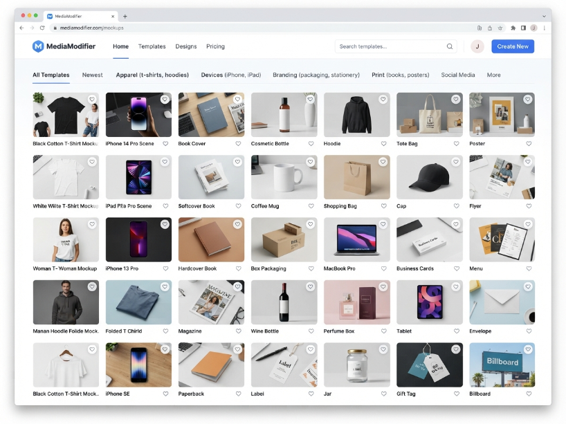MediaModifier mockup template library showing a grid of product, phone, apparel and packaging mockup thumbnails with category filter tabs in the clean white interface