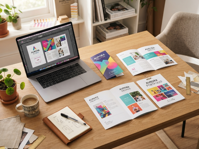 Three professionally designed brochures in tri-fold, bi-fold and booklet formats beside a laptop displaying a brochure template editor at a bright creative design workspace