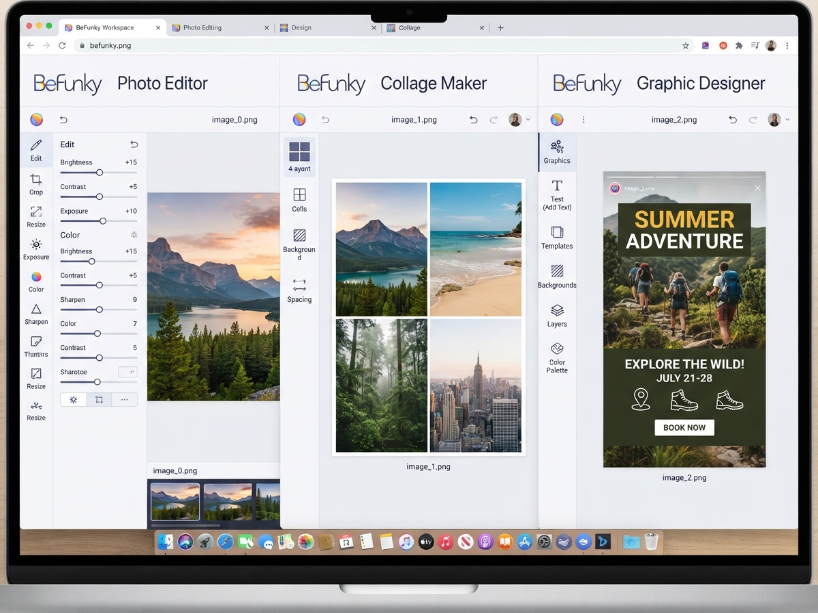 BeFunky's three modules side by side: the photo editor with a landscape photo, the collage maker with a four-image grid, and the graphic designer with a social media template