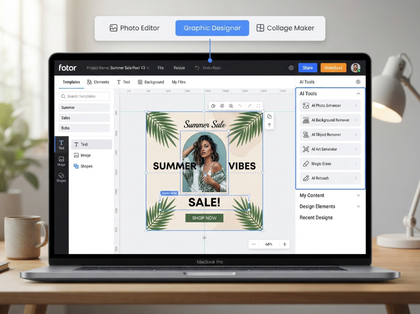 Fotor's three-mode interface showing Photo Editor, Graphic Designer and Collage Maker tabs with a social media template in the canvas and AI tools sidebar visible
