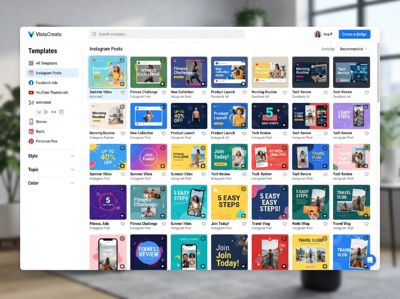 VistaCreate template library showing animated and static social media template thumbnails with category filter sidebar for Instagram Posts, Facebook Ads and YouTube Thumbnails