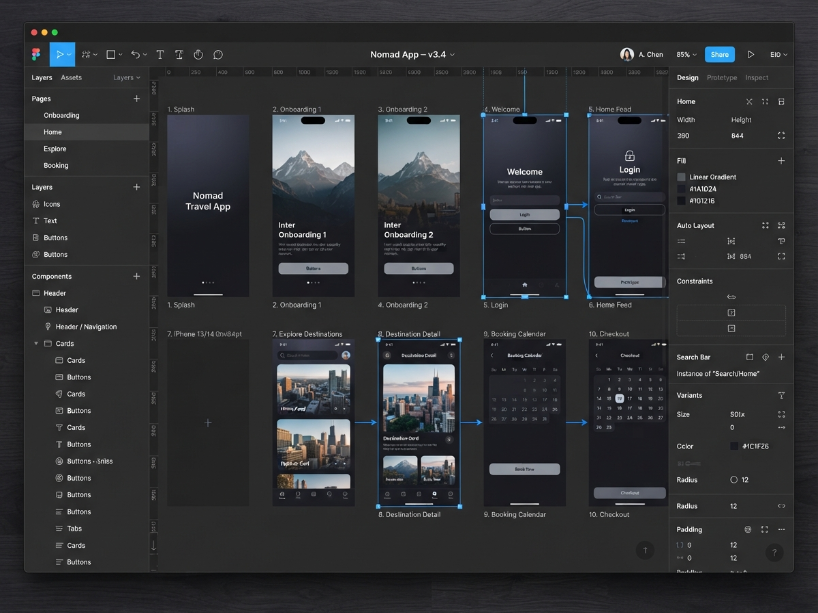 Figma design editor showing a mobile app interface design with layers panel on the left, multiple phone frames with prototype connections and the component properties panel on the right