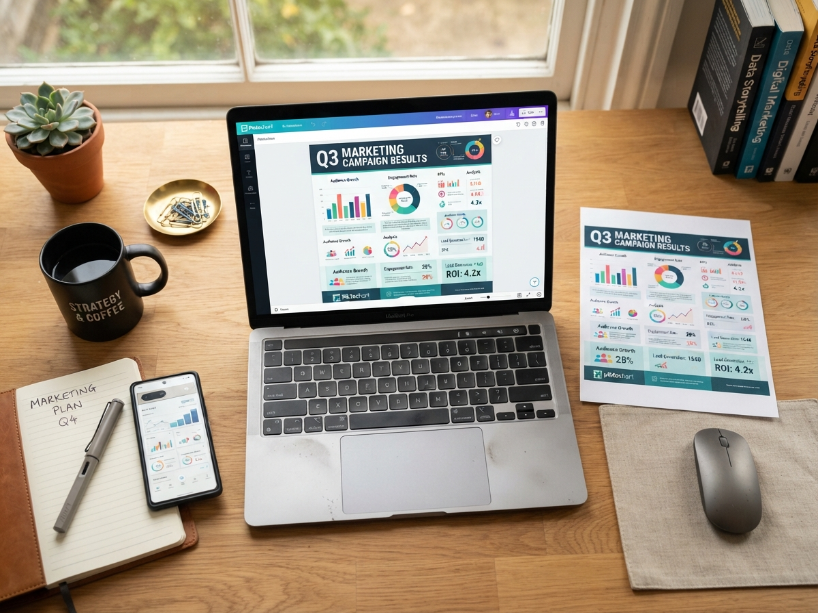 Marketing professional or educator at a desk with a laptop showing a completed Piktochart data-driven infographic with charts and icons alongside a printed copy in a professional workspace